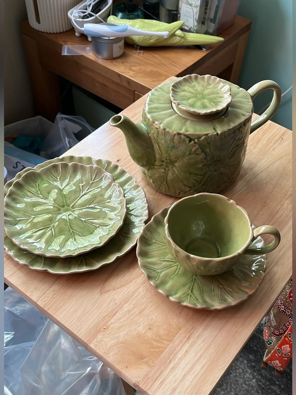Anthropologie Lilypad collection pot, cup, saucer, & plate set